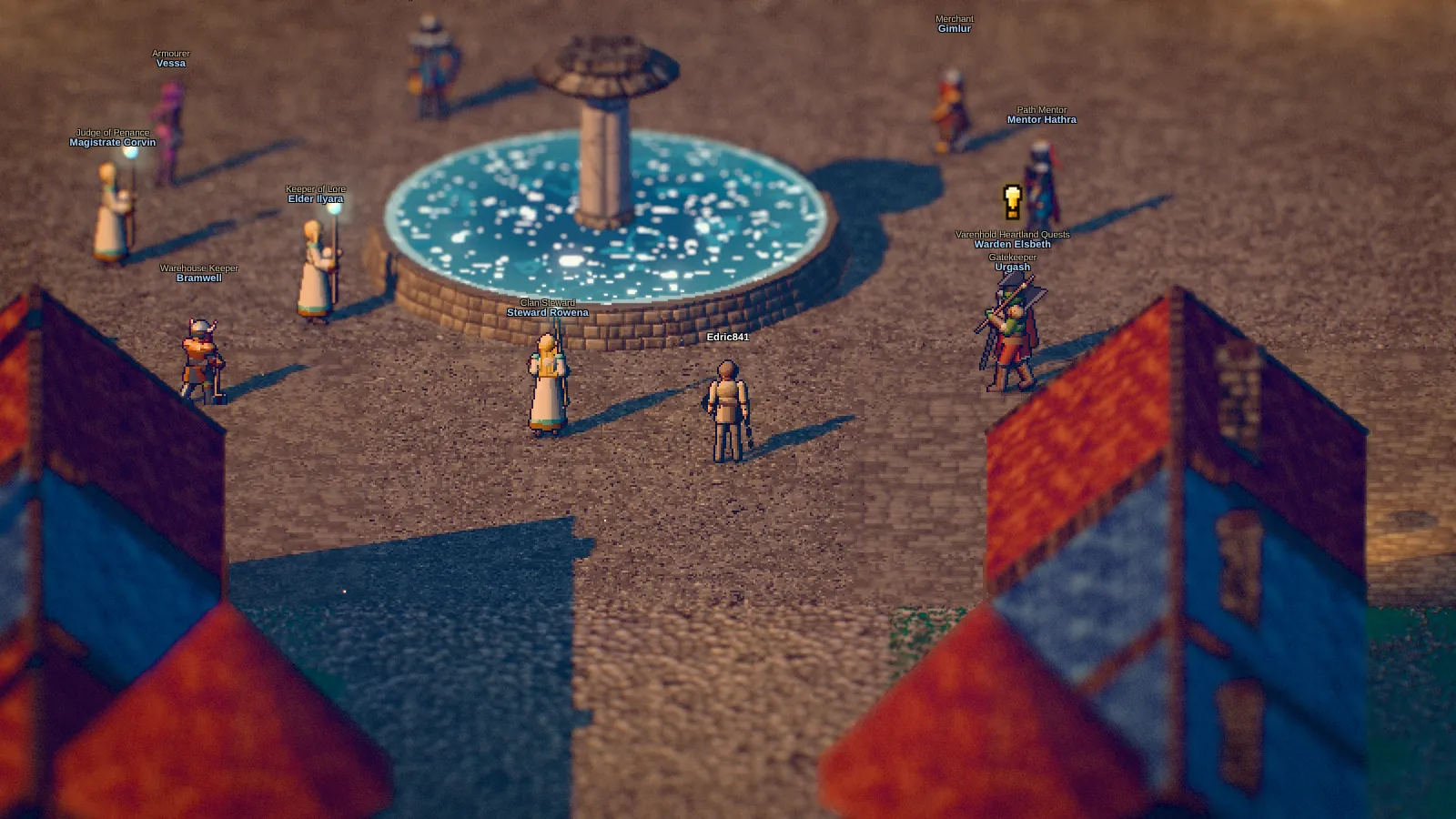 Townsfolk and guards on the plaza of Varenhold at golden hour.