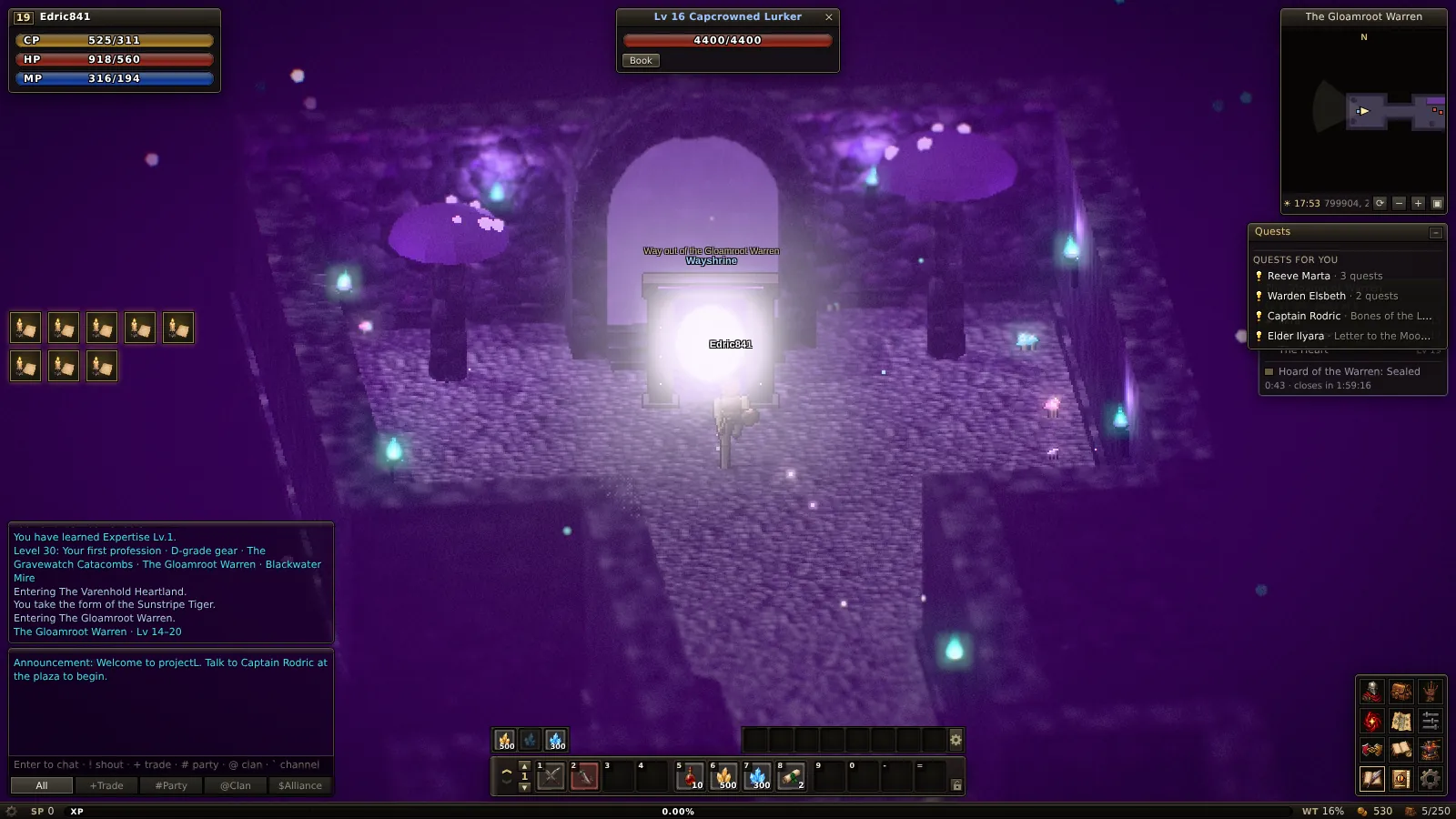 A fighter takes on a dungeon's guardian in a hall lit by glowing fungus, with the game's health bars, chat and shortcut bar around the edges.