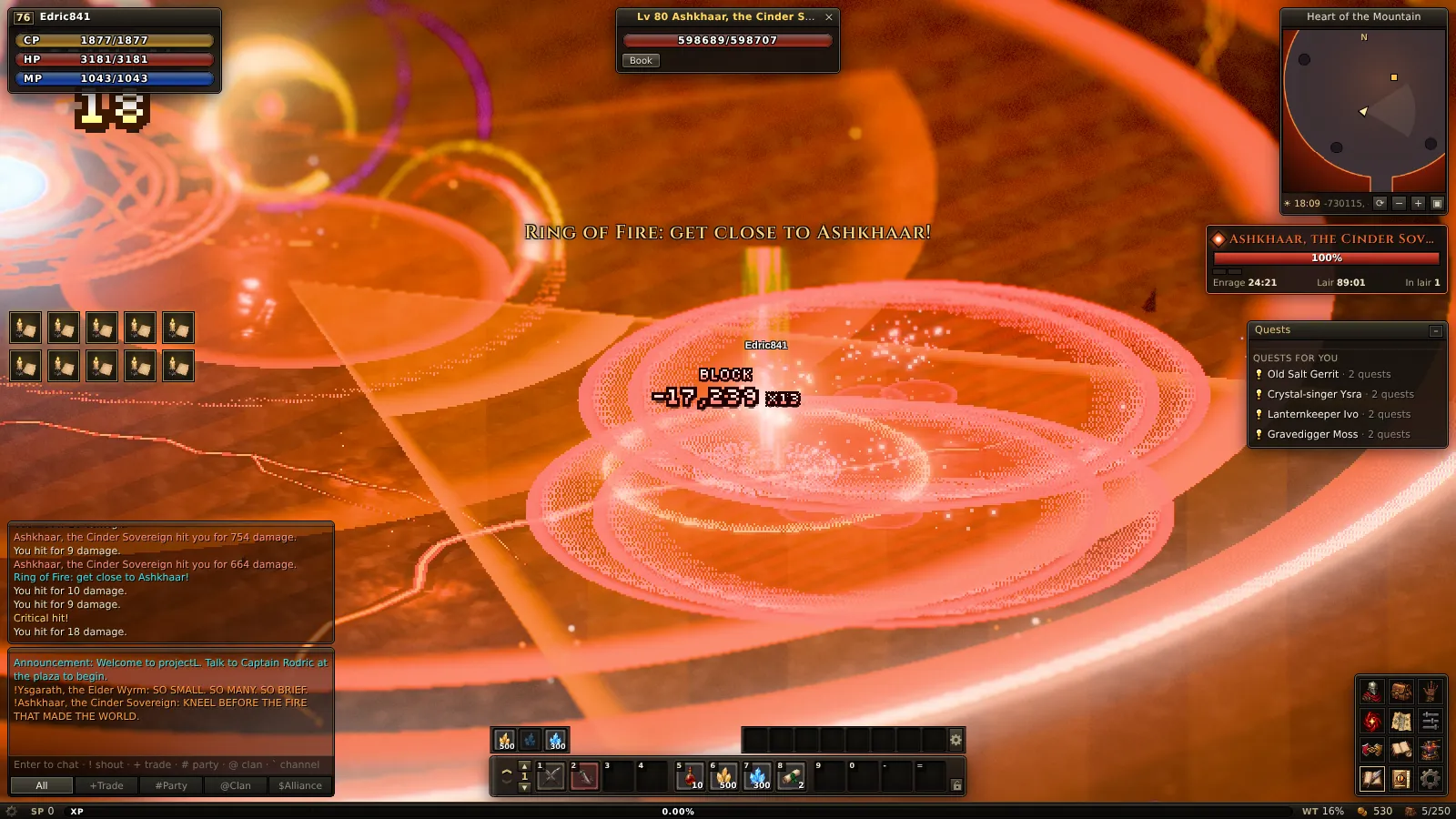 Rings of fire close in during a fight with an epic boss, the Cinder Sovereign, whose health bar fills the top of the screen.