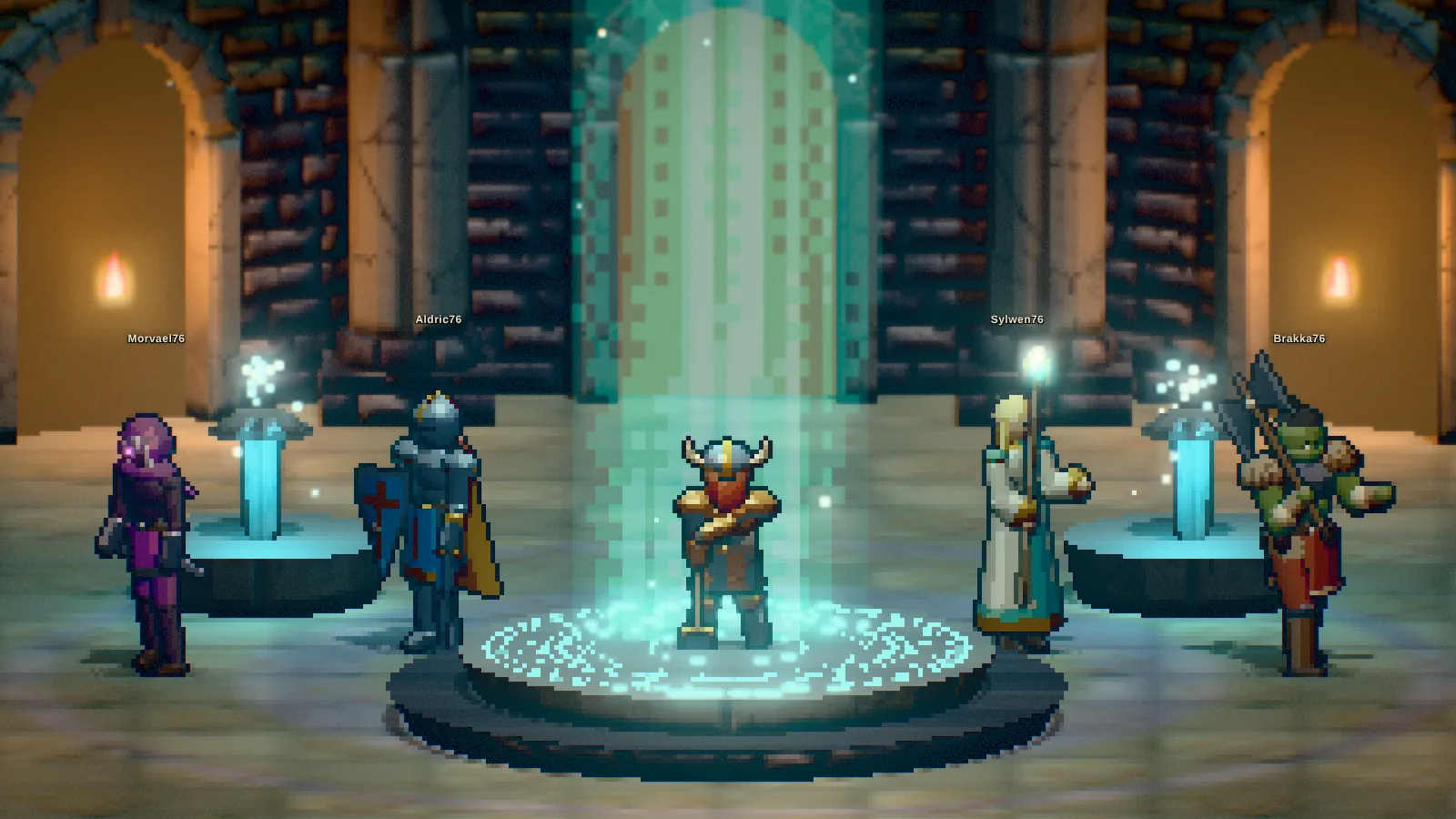 Characters of four races stand together in the Hall of Oaths.